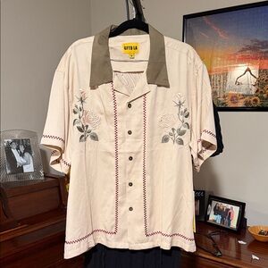 Men's Casual Button Down Shirt - Cream with Embroidered Roses